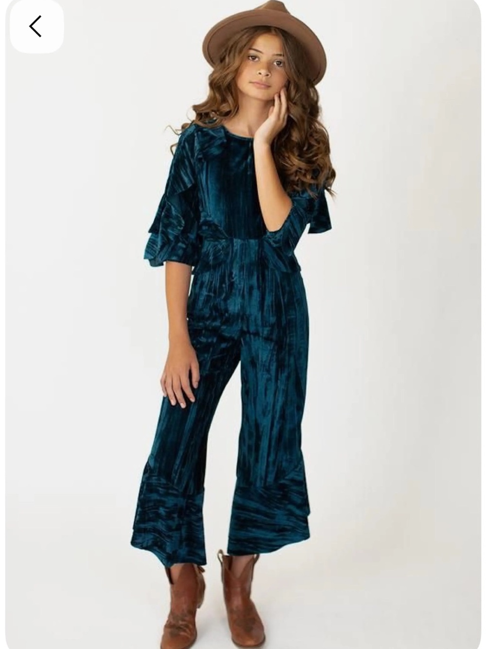 Girls Teal Velvet Ruffle-Sleeve Jumpsuit Mia Joy size 8